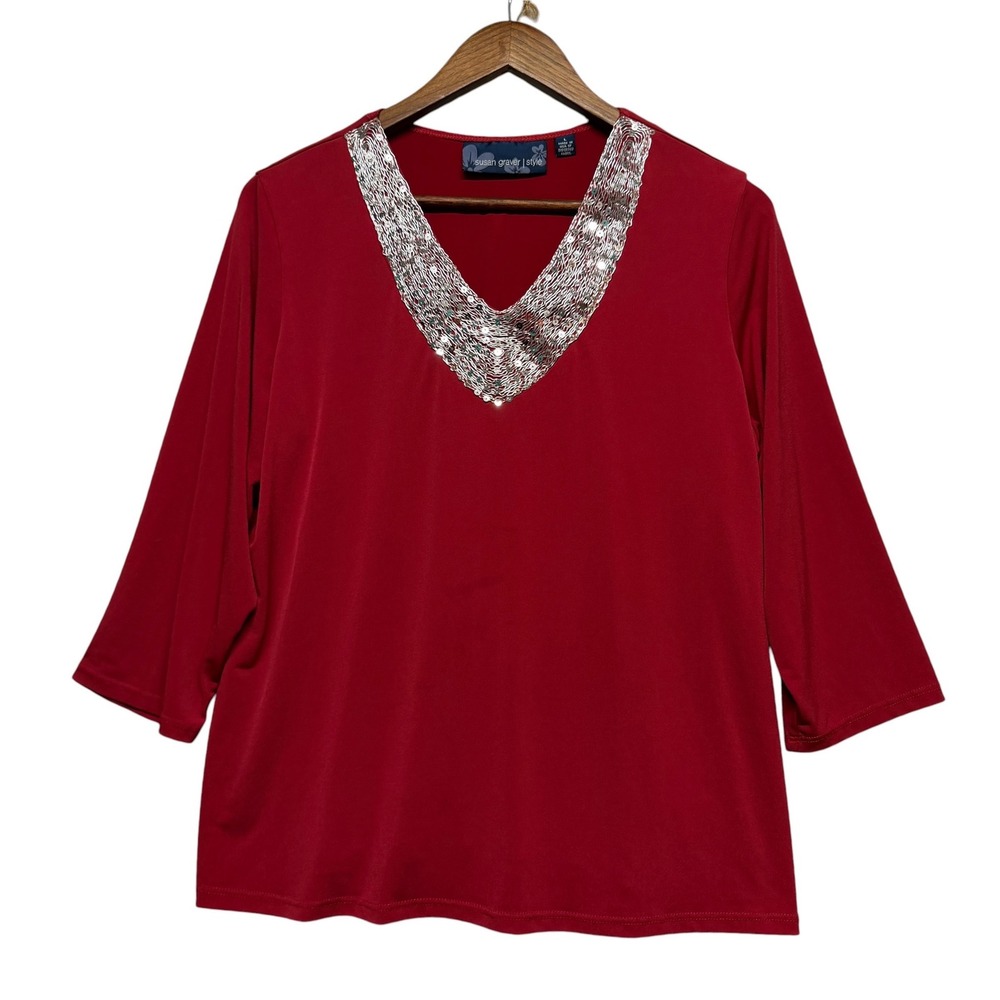 Susan Graver Top Womens L Red V-Neck Sequin Trim 3/4 Sleeve Stretch Liquid Knit